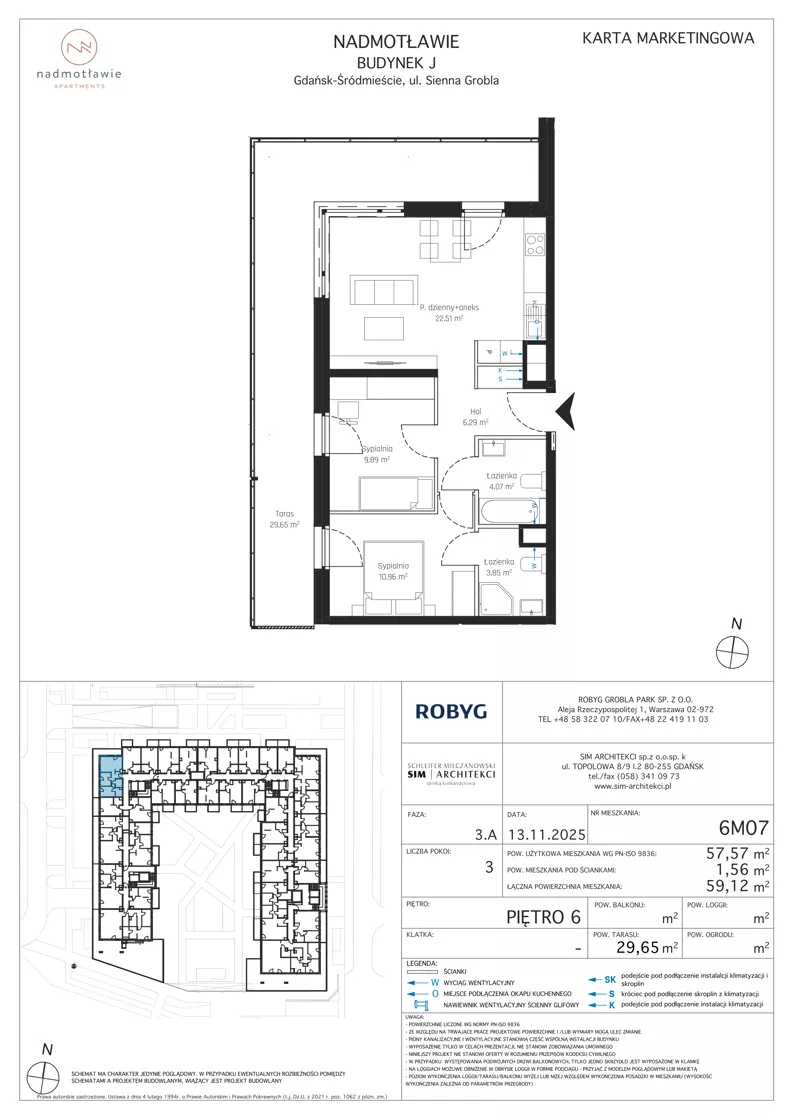 3 pokoje, mieszkanie 57,57 m², piętro 6, oferta nr J.6M07, Nadmotławie Apartments Budynek J, Gdańsk, Śródmieście, ul. Sienna Grobla