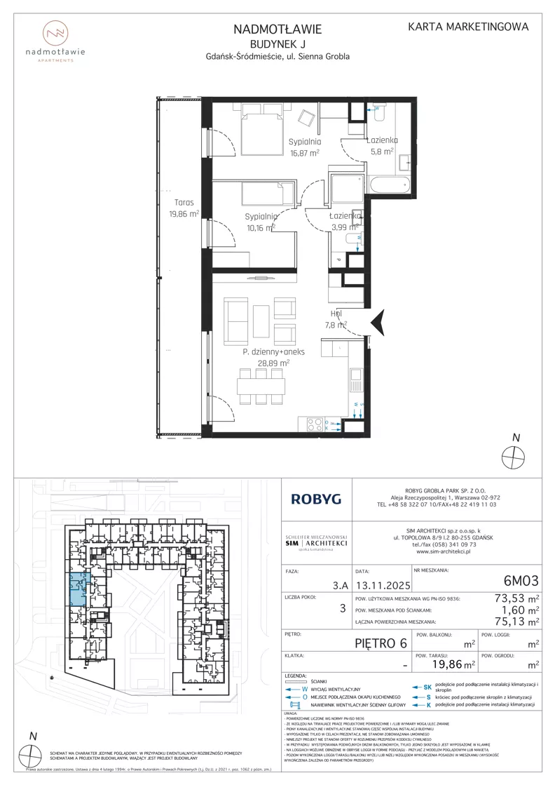 3 pokoje, mieszkanie 73,53 m², piętro 6, oferta nr J.6M03, Nadmotławie Apartments Budynek J, Gdańsk, Śródmieście, ul. Sienna Grobla