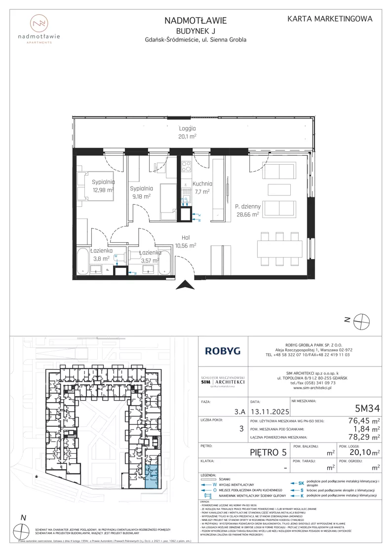 3 pokoje, mieszkanie 76,45 m², piętro 5, oferta nr J.5M34, Nadmotławie Apartments Budynek J, Gdańsk, Śródmieście, ul. Sienna Grobla