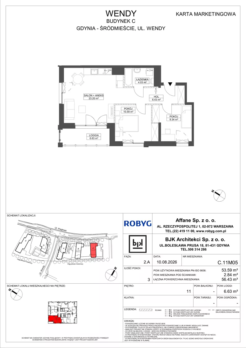 3 pokoje, mieszkanie 53,59 m², piętro 11, oferta nr C.11M05, WENDY - Budynek C, Gdynia, Śródmieście, Śródmieście, ul. Wendy 7-9