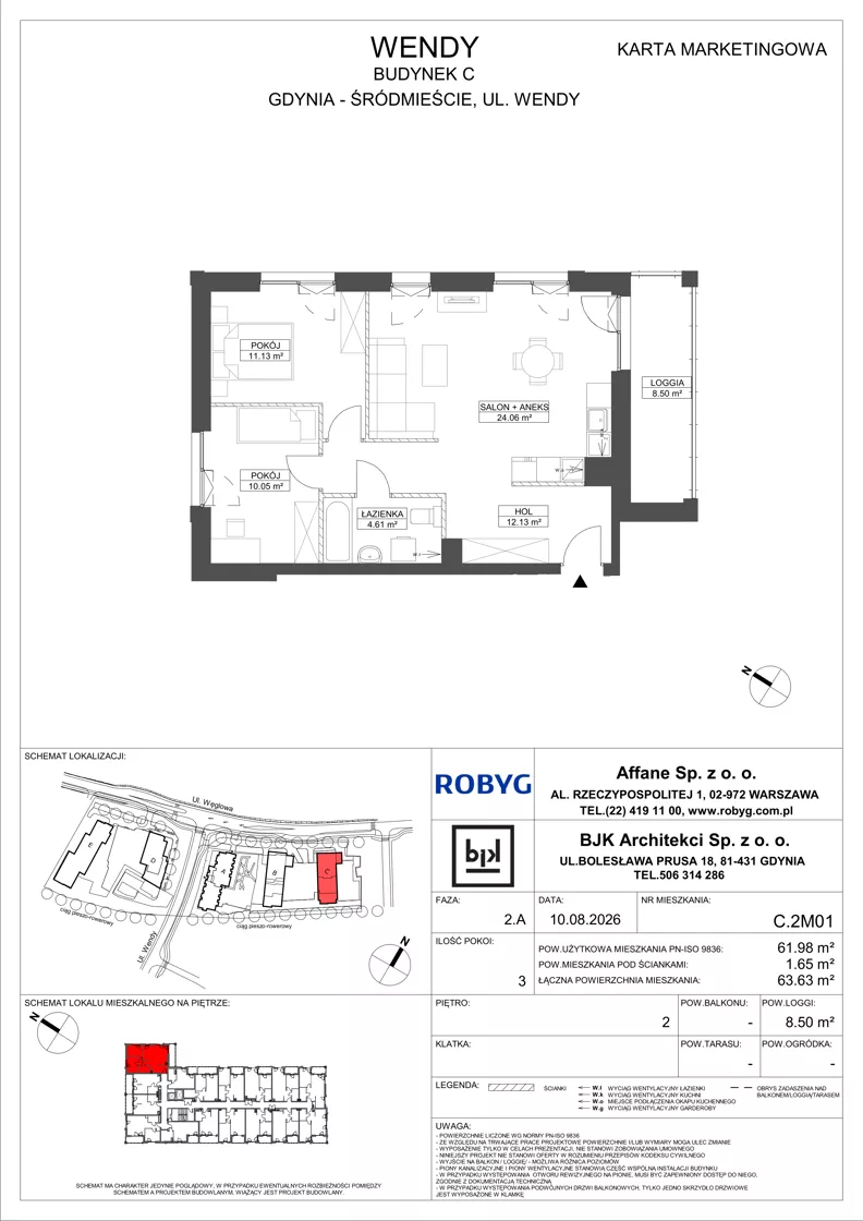 3 pokoje, mieszkanie 61,98 m², piętro 2, oferta nr C.2M01, WENDY - Budynek C, Gdynia, Śródmieście, Śródmieście, ul. Wendy 7-9