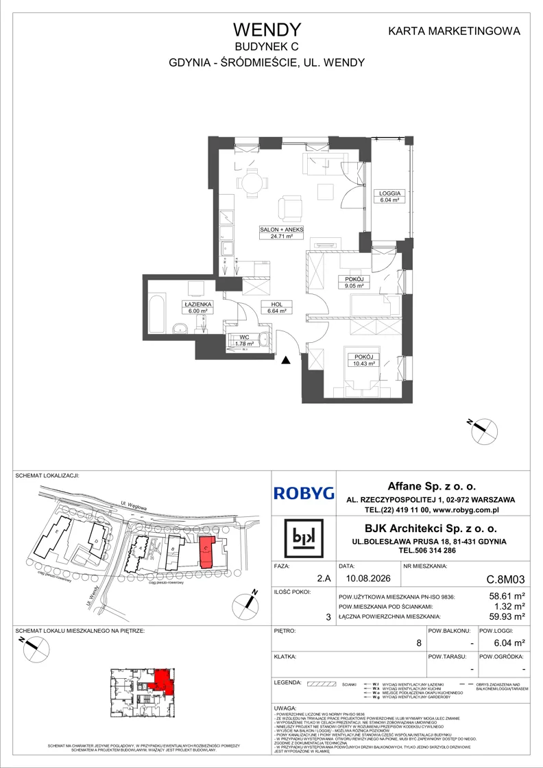 3 pokoje, mieszkanie 58,61 m², piętro 8, oferta nr C.8M03, WENDY - Budynek C, Gdynia, Śródmieście, Śródmieście, ul. Wendy 7-9