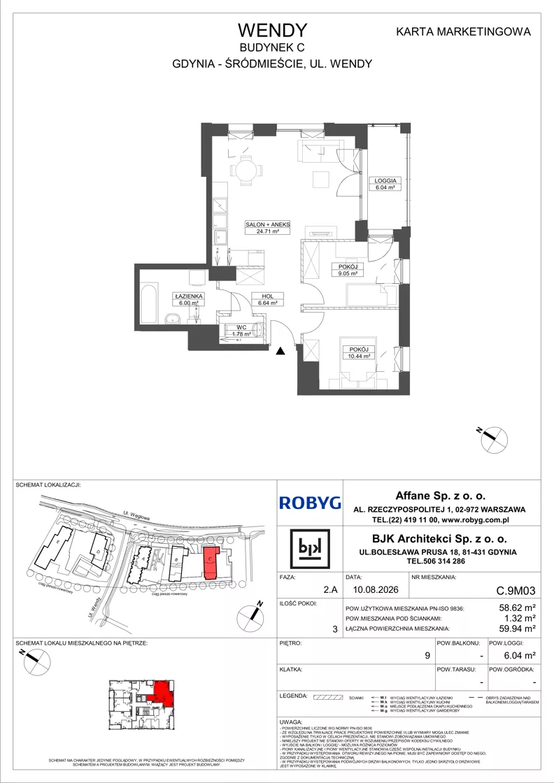 3 pokoje, mieszkanie 58,62 m², piętro 9, oferta nr C.9M03, WENDY - Budynek C, Gdynia, Śródmieście, Śródmieście, ul. Wendy 7-9