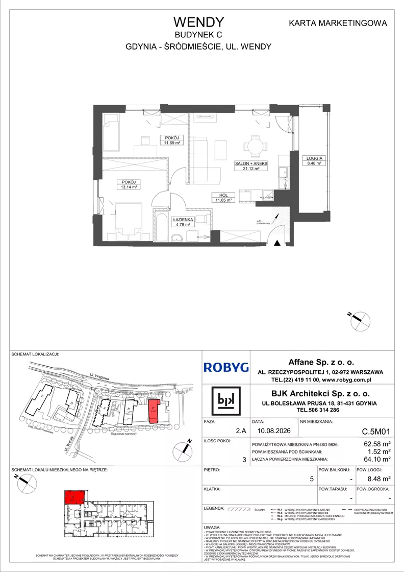 3 pokoje, mieszkanie 62,58 m², piętro 5, oferta nr C.5M01, WENDY - Budynek C, Gdynia, Śródmieście, Śródmieście, ul. Wendy 7-9