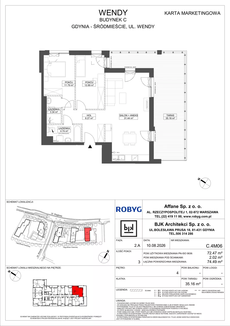 3 pokoje, mieszkanie 72,47 m², piętro 4, oferta nr C.4M06, WENDY - Budynek C, Gdynia, Śródmieście, Śródmieście, ul. Wendy 7-9