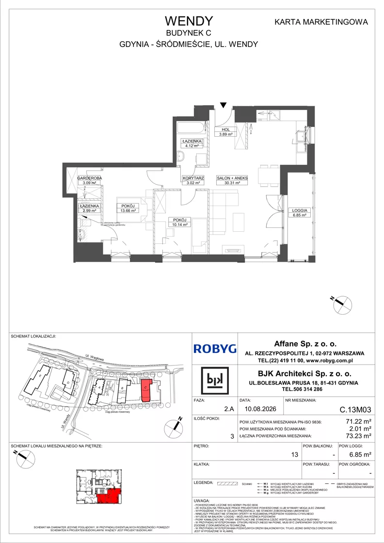 3 pokoje, mieszkanie 71,22 m², piętro 13, oferta nr C.13M03, WENDY - Budynek C, Gdynia, Śródmieście, Śródmieście, ul. Wendy 7-9