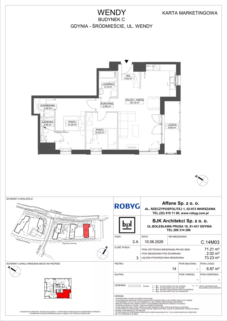 3 pokoje, mieszkanie 71,21 m², piętro 14, oferta nr C.14M03, WENDY - Budynek C, Gdynia, Śródmieście, Śródmieście, ul. Wendy 7-9