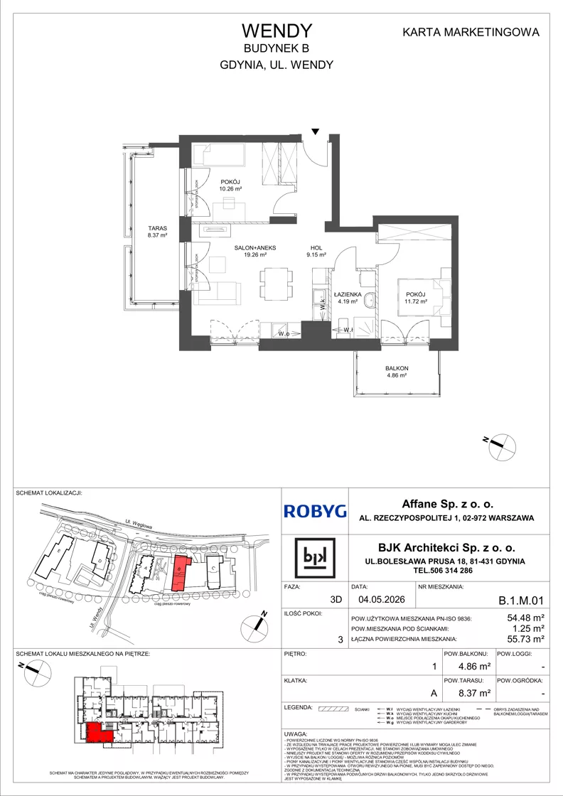 3 pokoje, mieszkanie 54,48 m², piętro 1, oferta nr B.1M01, WENDY - Budynek B, Gdynia, Śródmieście, Śródmieście, ul. Wendy
