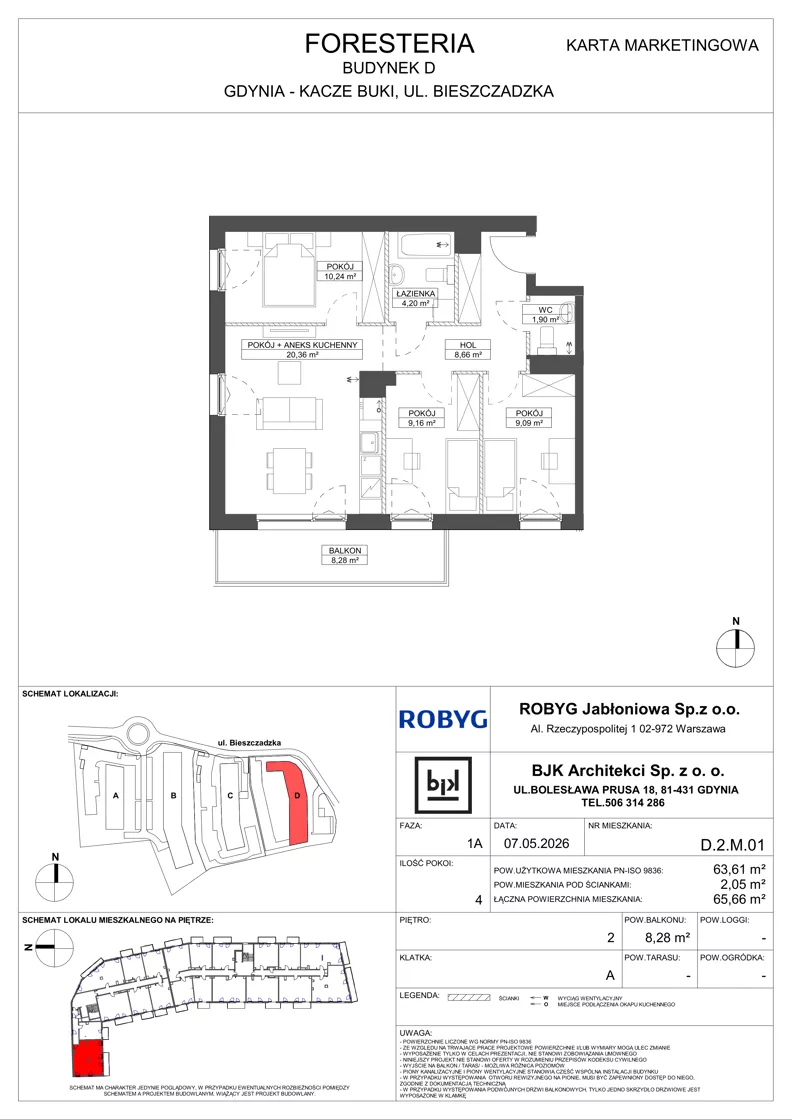 4 pokoje, mieszkanie 63,61 m², piętro 2, oferta nr D.2M01, Foresteria, Gdynia, Wielki Kack, Kacze Buki, ul. Bieszczadzka
