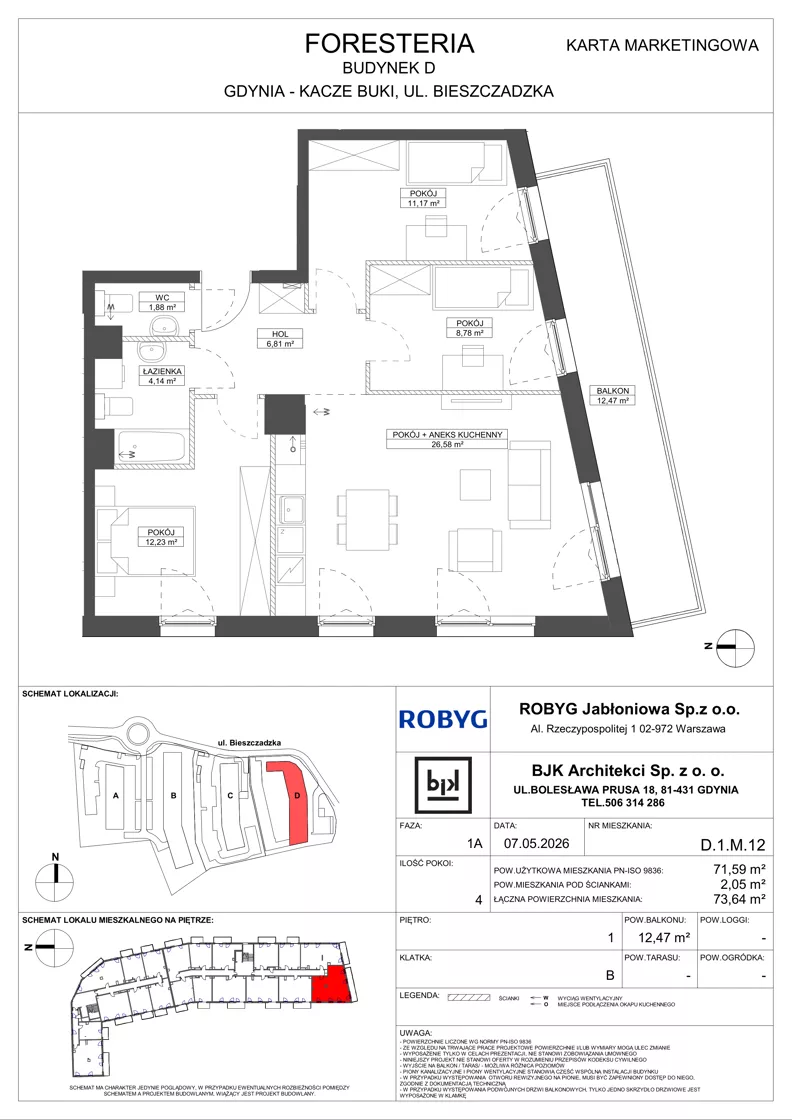 4 pokoje, mieszkanie 71,59 m², piętro 1, oferta nr D.1M12, Foresteria, Gdynia, Wielki Kack, Kacze Buki, ul. Bieszczadzka