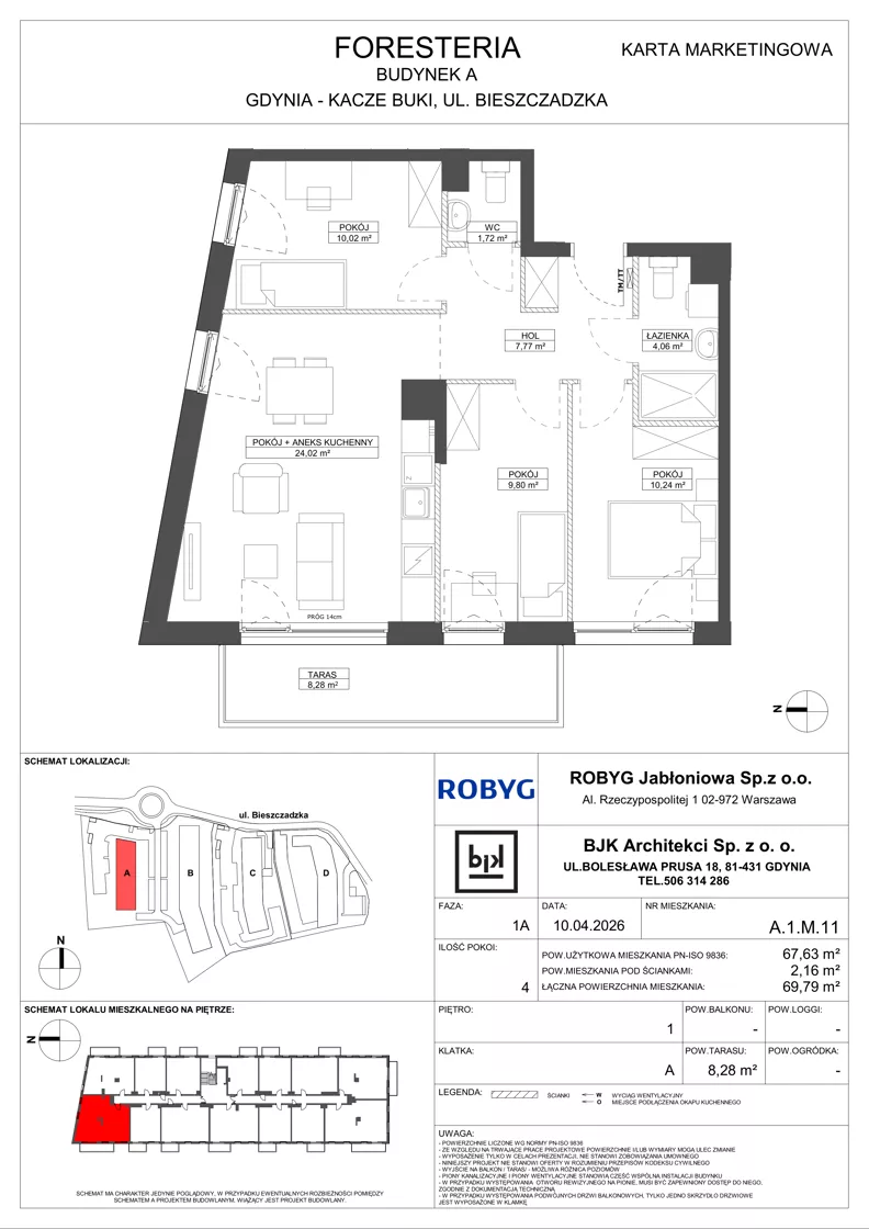 4 pokoje, mieszkanie 67,63 m², piętro 1, oferta nr A.1M11, Foresteria Etap A, Gdynia, Wielki Kack, Kacze Buki, ul. Bieszczadzka