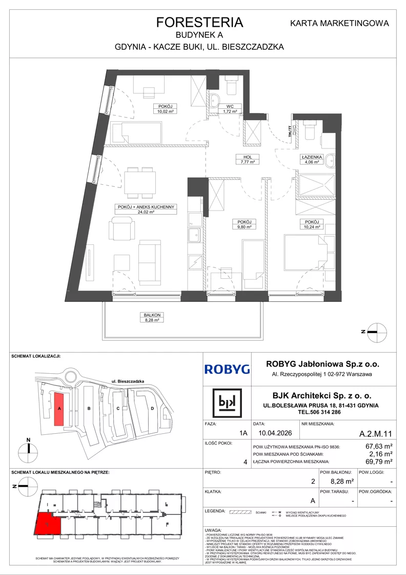 4 pokoje, mieszkanie 67,63 m², piętro 2, oferta nr A.2M11, Foresteria Etap A, Gdynia, Wielki Kack, Kacze Buki, ul. Bieszczadzka