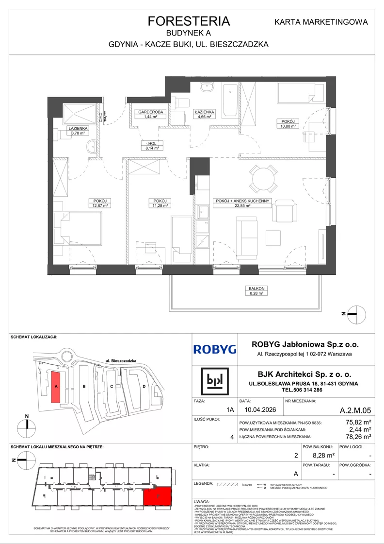 4 pokoje, mieszkanie 75,82 m², piętro 2, oferta nr A.2M05, Foresteria Etap A, Gdynia, Wielki Kack, Kacze Buki, ul. Bieszczadzka