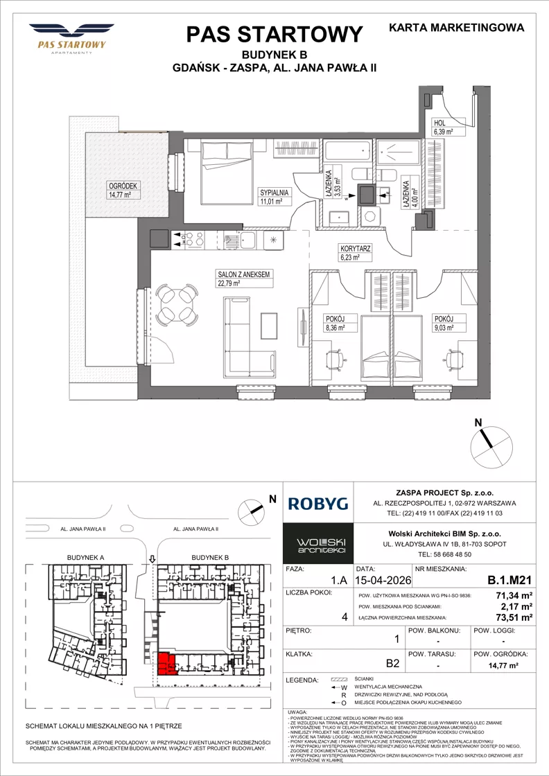4 pokoje, mieszkanie 71,34 m², piętro 1, oferta nr B.1M21, Pas Startowy, Gdańsk, Zaspa, Zaspa-Młyniec, al. Jana Pawła II