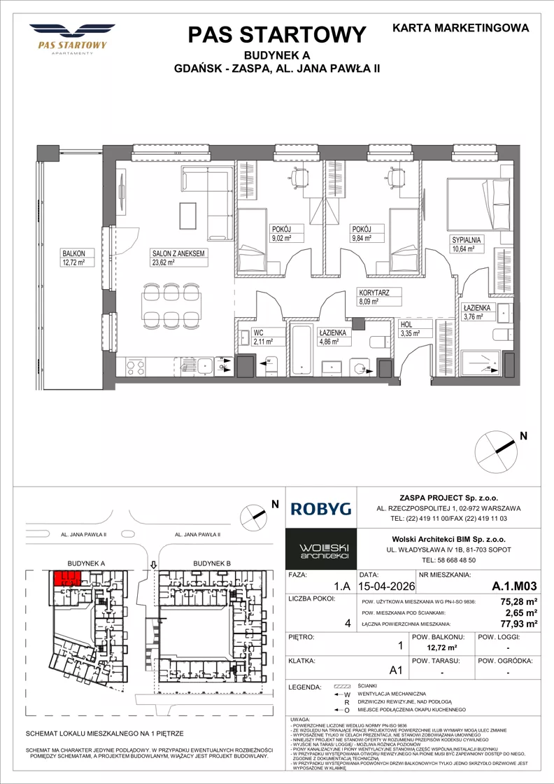 4 pokoje, mieszkanie 75,28 m², piętro 1, oferta nr A.1M03, Pas Startowy, Gdańsk, Zaspa, Zaspa-Młyniec, al. Jana Pawła II