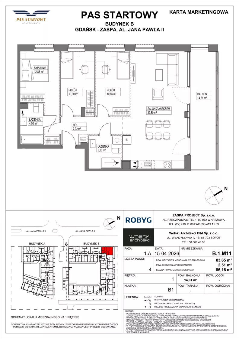 4 pokoje, mieszkanie 83,65 m², piętro 1, oferta nr B.1M11, Pas Startowy, Gdańsk, Zaspa, Zaspa-Młyniec, al. Jana Pawła II