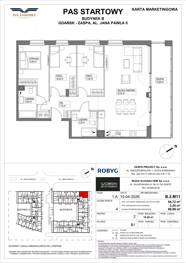 4 pokoje, mieszkanie 84,72 m², piętro 2, oferta nr B.2M11, Pas Startowy, Gdańsk, Zaspa, Zaspa-Młyniec, al. Jana Pawła II