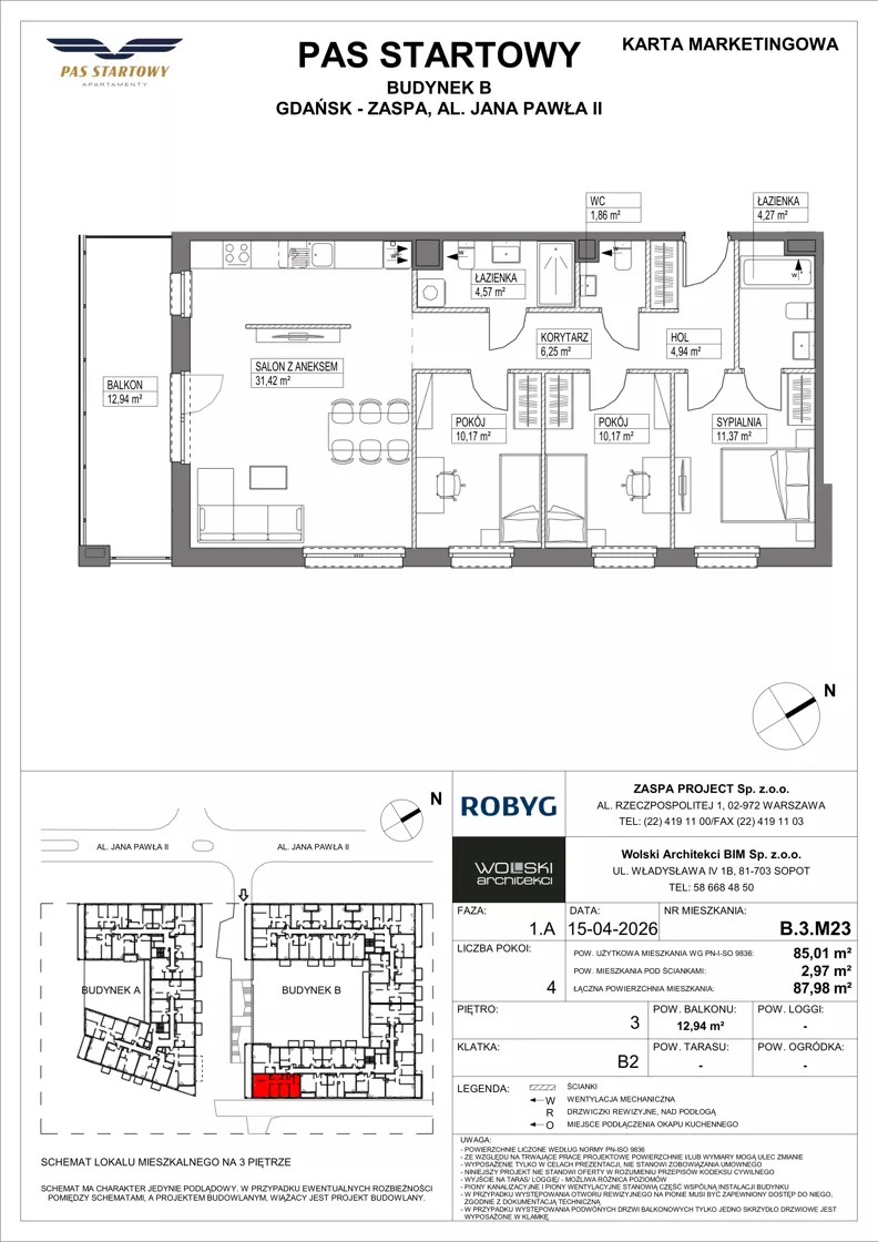 4 pokoje, mieszkanie 85,01 m², piętro 3, oferta nr B.3M23, Pas Startowy, Gdańsk, Zaspa, Zaspa-Młyniec, al. Jana Pawła II
