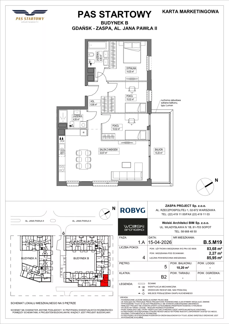 4 pokoje, mieszkanie 83,68 m², piętro 5, oferta nr B.5M19, Pas Startowy, Gdańsk, Zaspa, Zaspa-Młyniec, al. Jana Pawła II