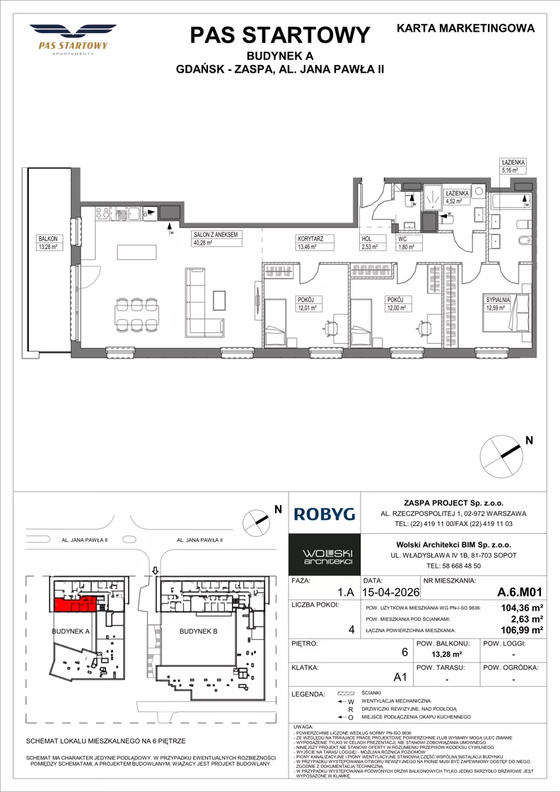 4 pokoje, mieszkanie 104,36 m², piętro 6, oferta nr A.6M01, Pas Startowy, Gdańsk, Zaspa, Zaspa-Młyniec, al. Jana Pawła II