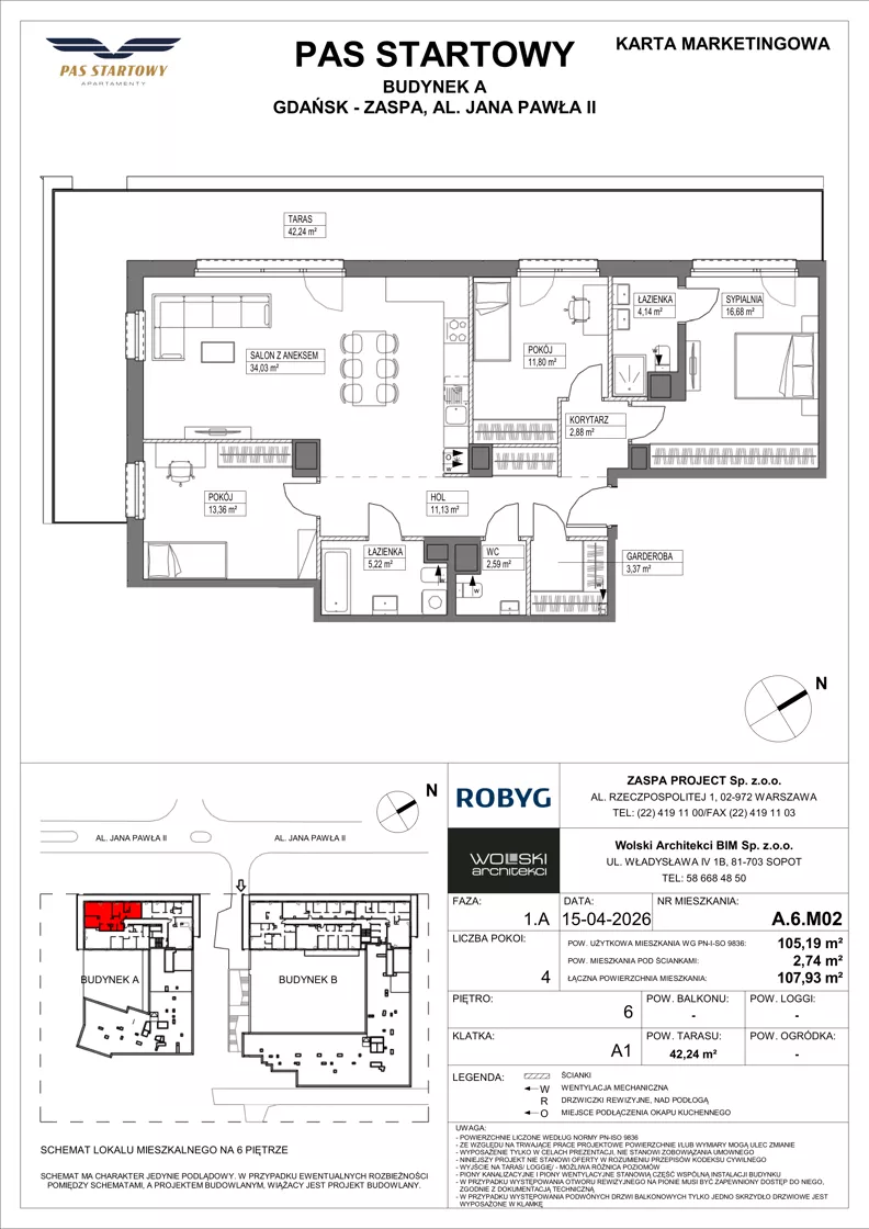 4 pokoje, mieszkanie 105,19 m², piętro 6, oferta nr A.6M02, Pas Startowy, Gdańsk, Zaspa, Zaspa-Młyniec, al. Jana Pawła II