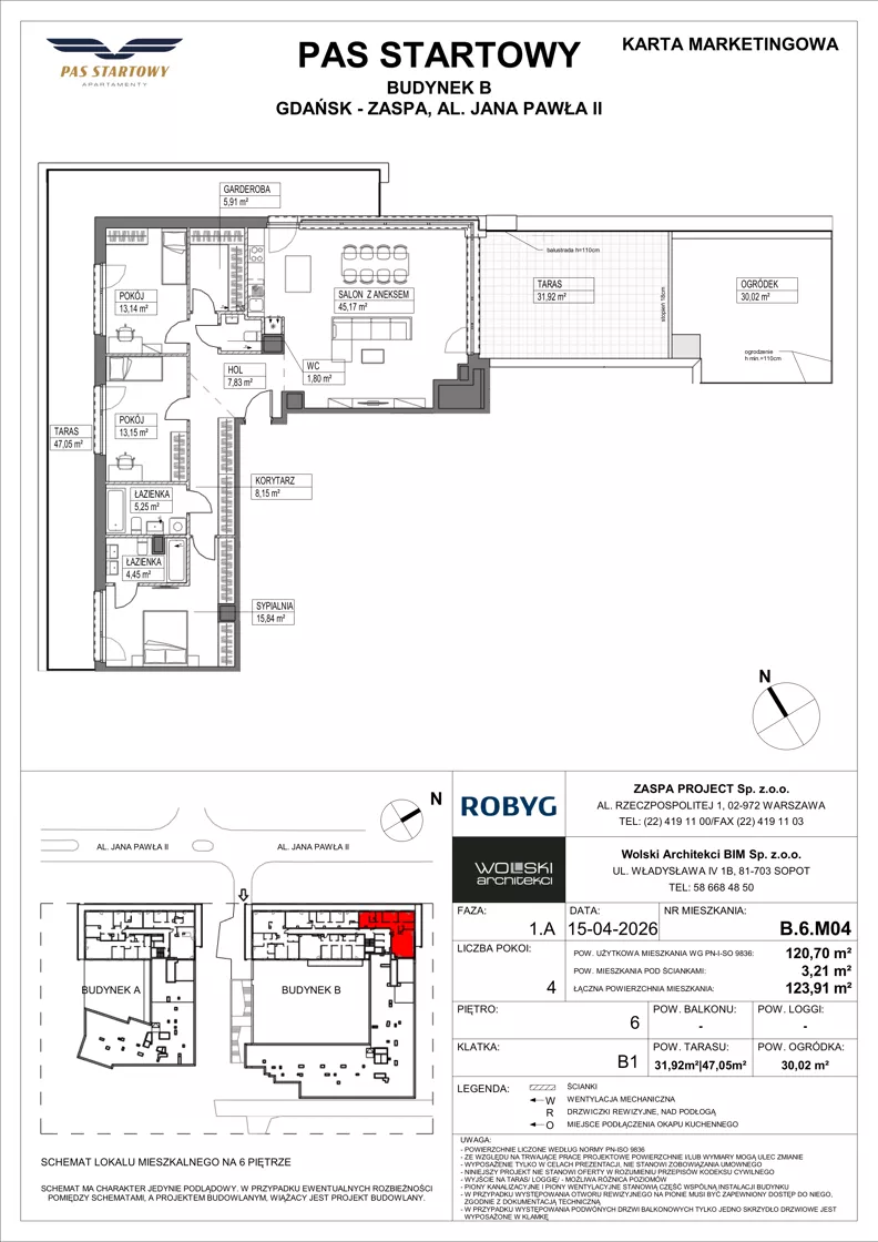 4 pokoje, mieszkanie 120,70 m², piętro 6, oferta nr B.6M04, Pas Startowy, Gdańsk, Zaspa, Zaspa-Młyniec, al. Jana Pawła II