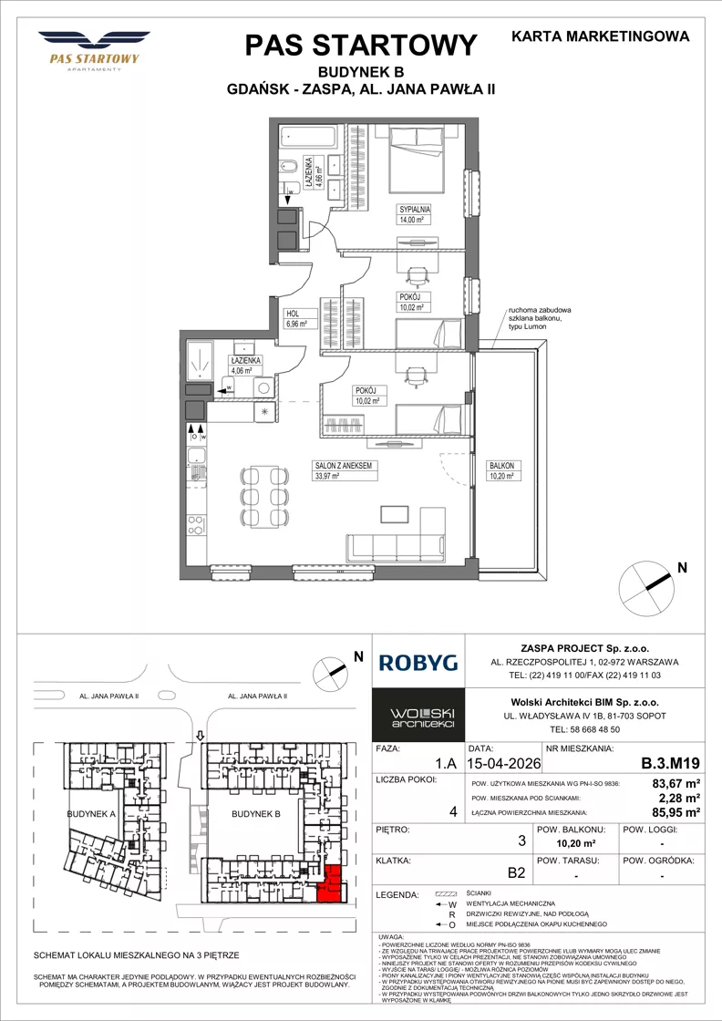 4 pokoje, mieszkanie 83,67 m², piętro 3, oferta nr B.3M19, Pas Startowy, Gdańsk, Zaspa, Zaspa-Młyniec, al. Jana Pawła II