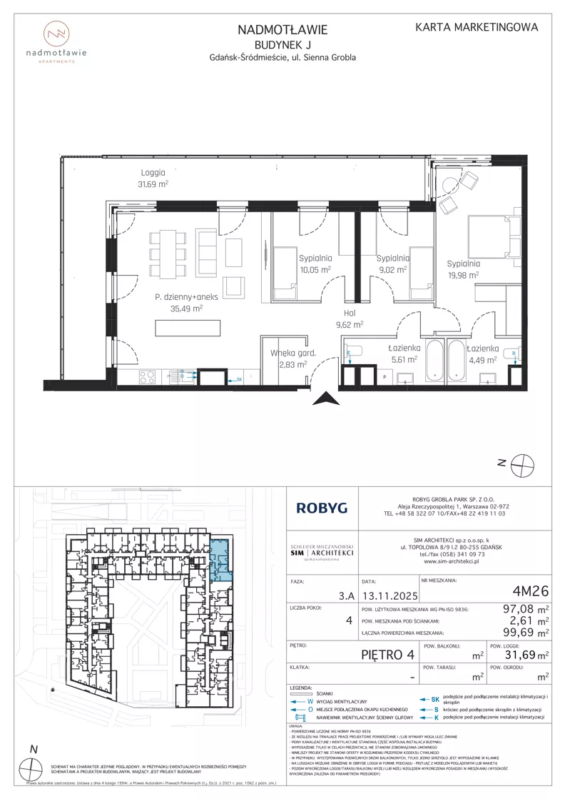 4 pokoje, mieszkanie 97,08 m², piętro 4, oferta nr J.4M26, Nadmotławie Apartments Budynek J, Gdańsk, Śródmieście, ul. Sienna Grobla