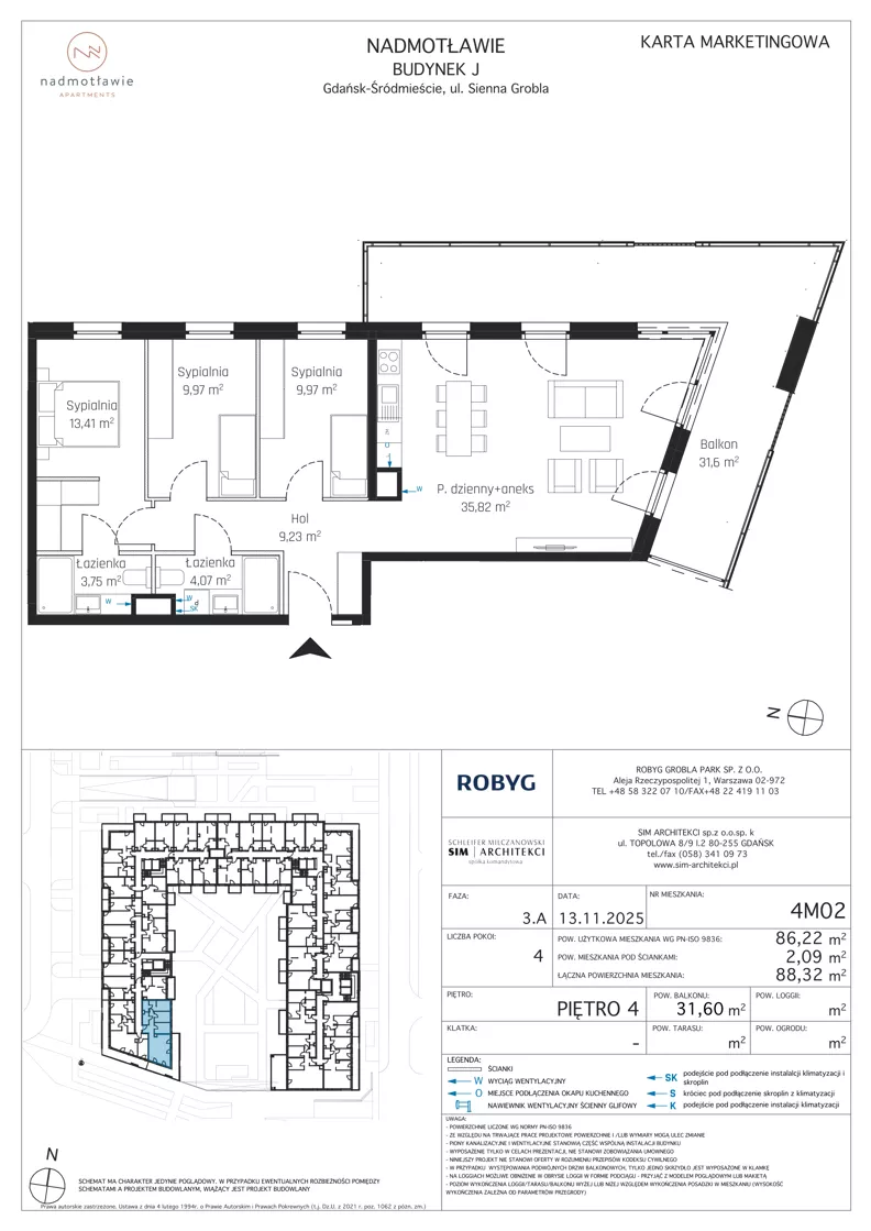 4 pokoje, mieszkanie 86,22 m², piętro 4, oferta nr J.4M02, Nadmotławie Apartments Budynek J, Gdańsk, Śródmieście, ul. Sienna Grobla