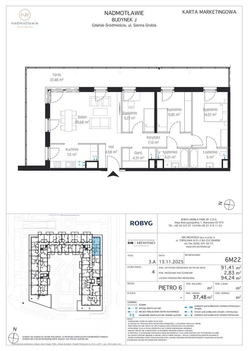 4 pokoje, mieszkanie 91,41 m², piętro 6, oferta nr J.6M22, Nadmotławie Apartments Budynek J, Gdańsk, Śródmieście, ul. Sienna Grobla