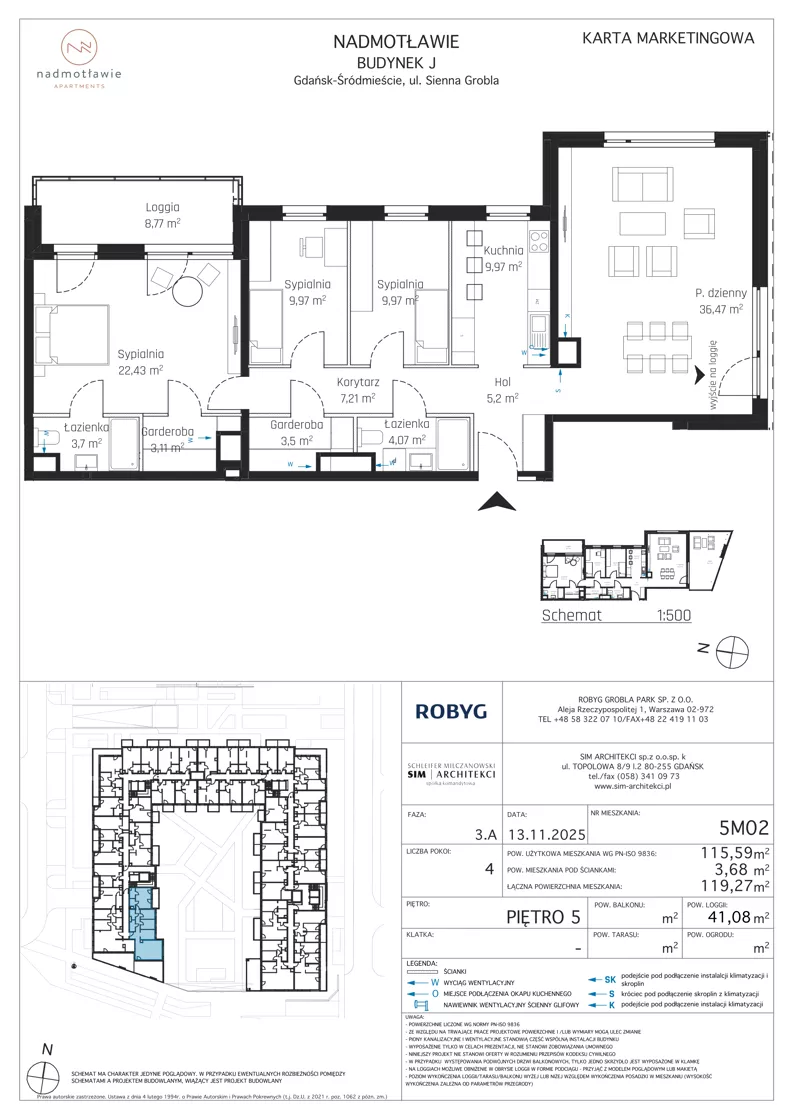 4 pokoje, mieszkanie 115,59 m², piętro 5, oferta nr J.5M02, Nadmotławie Apartments Budynek J, Gdańsk, Śródmieście, ul. Sienna Grobla