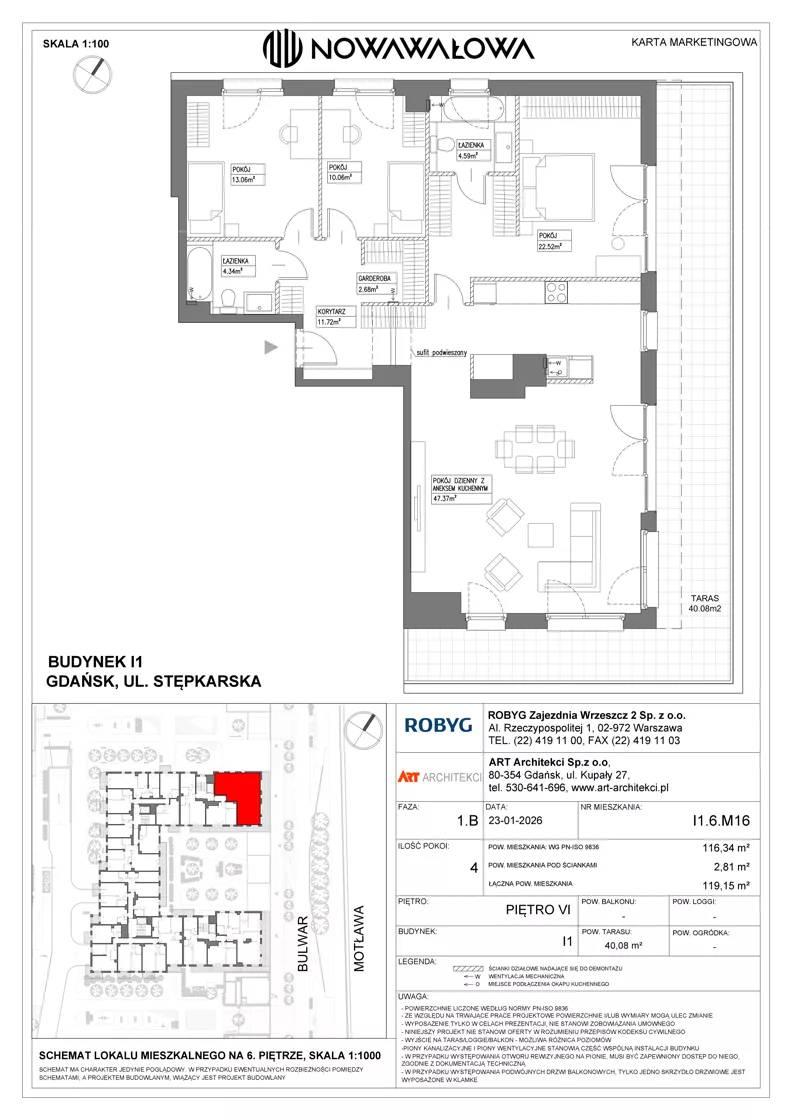 4 pokoje, mieszkanie 116,34 m², piętro 6, oferta nr I1.6M16, Nowa Wałowa I1, Gdańsk, Śródmieście, ul. Stępkarska / Wiosna Ludów