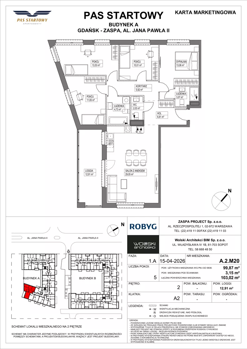 5 pokoi, mieszkanie 99,87 m², piętro 2, oferta nr A.2M20, Pas Startowy, Gdańsk, Zaspa, Zaspa-Młyniec, al. Jana Pawła II