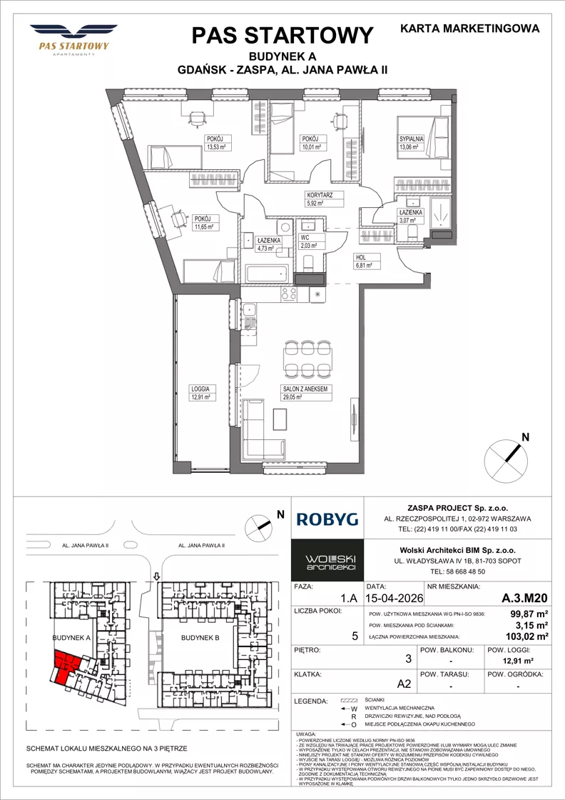 5 pokoi, mieszkanie 99,87 m², piętro 3, oferta nr A.3M20, Pas Startowy, Gdańsk, Zaspa, Zaspa-Młyniec, al. Jana Pawła II