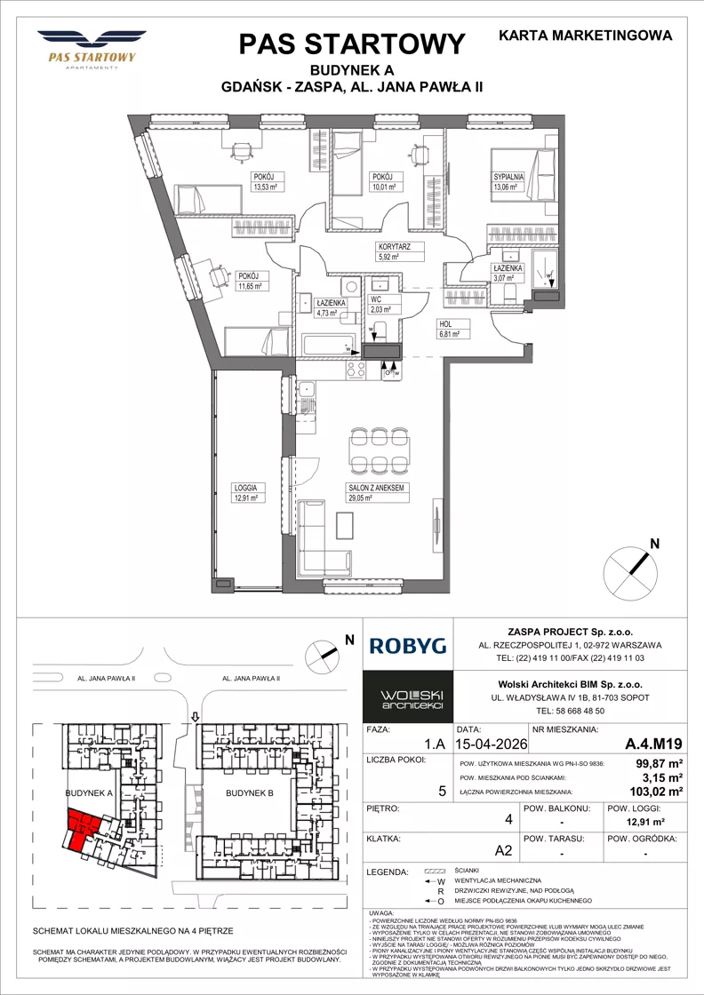 5 pokoi, mieszkanie 99,87 m², piętro 4, oferta nr A.4M19, Pas Startowy, Gdańsk, Zaspa, Zaspa-Młyniec, al. Jana Pawła II