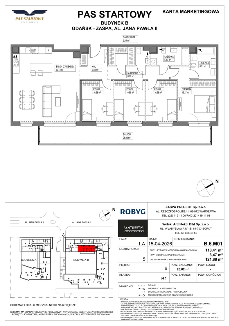 5 pokoi, mieszkanie 118,41 m², piętro 6, oferta nr B.6M01, Pas Startowy, Gdańsk, Zaspa, Zaspa-Młyniec, al. Jana Pawła II