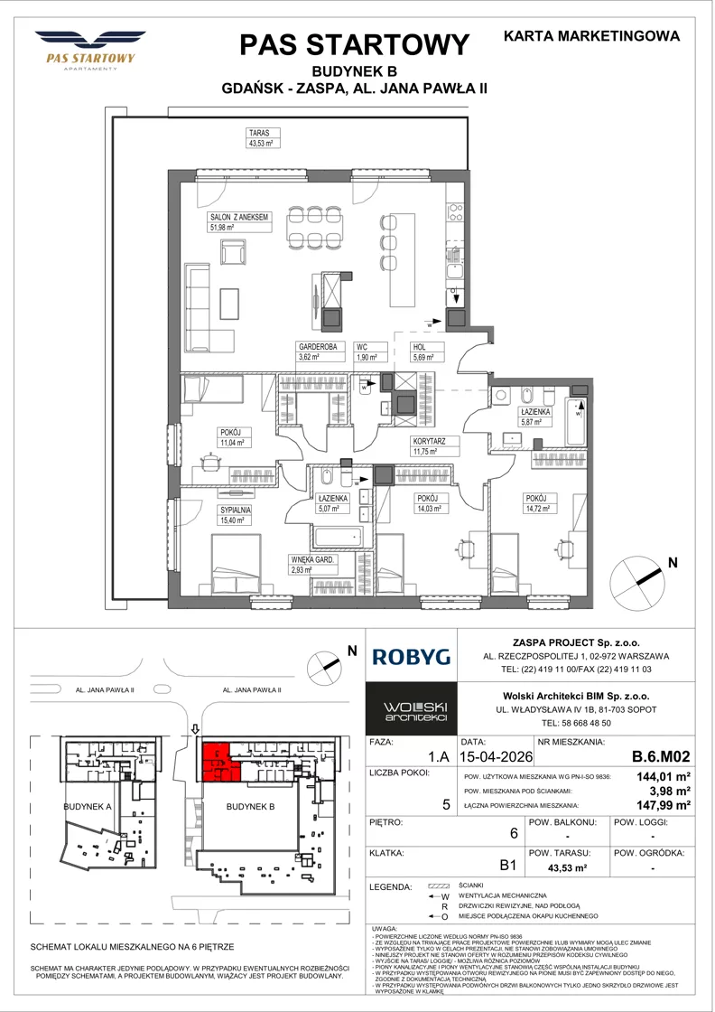 5 pokoi, mieszkanie 144,01 m², piętro 6, oferta nr B.6M02, Pas Startowy, Gdańsk, Zaspa, Zaspa-Młyniec, al. Jana Pawła II