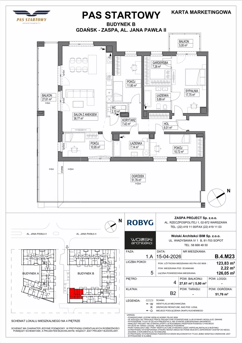 5 pokoi, mieszkanie 123,83 m², piętro 4, oferta nr B.4M23, Pas Startowy, Gdańsk, Zaspa, Zaspa-Młyniec, al. Jana Pawła II