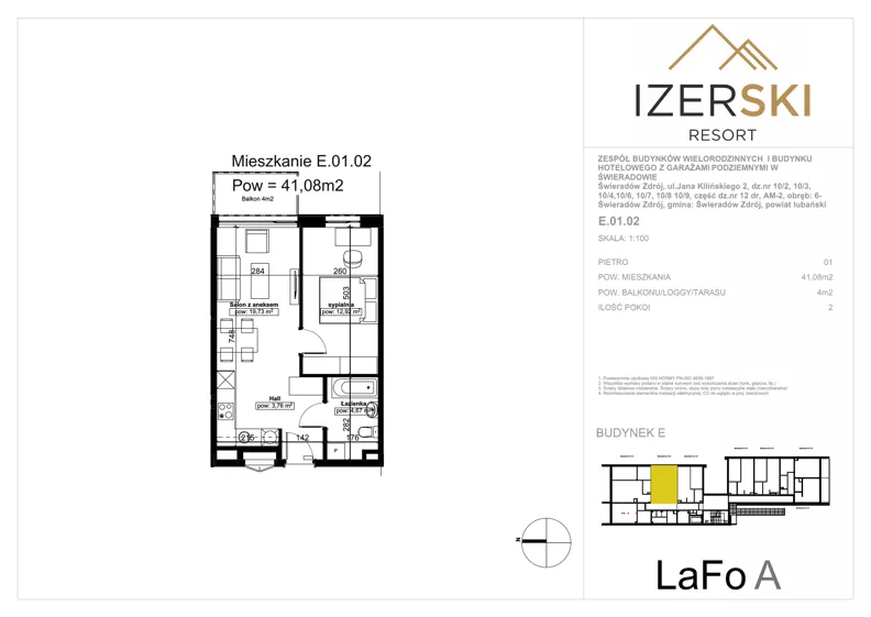 2 pokoje, apartament inwestycyjny 41,08 m², piętro 1, oferta nr E.01.02, IzerSKI Resort, Świeradów-Zdrój, ul. Jana Kilińskiego 2