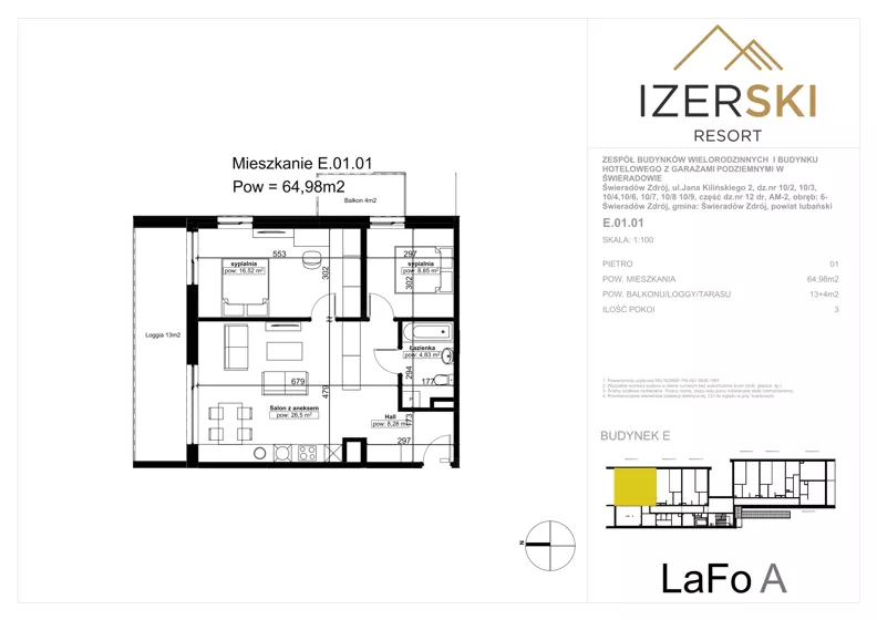 3 pokoje, apartament inwestycyjny 64,98 m², piętro 1, oferta nr E.01.01, IzerSKI Resort, Świeradów-Zdrój, ul. Jana Kilińskiego 2