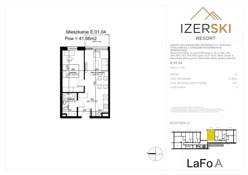 2 pokoje, apartament inwestycyjny 41,66 m², piętro 1, oferta nr E.01.04, IzerSKI Resort, Świeradów-Zdrój, ul. Jana Kilińskiego 2