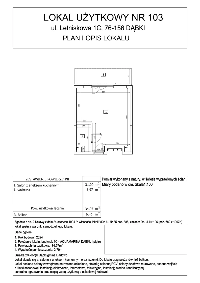 1 pokój, lokal inwestycyjny 34,97 m², piętro 1, oferta nr 103, Aquamarina Dąbki, Dąbki, ul. Letniskowa 1