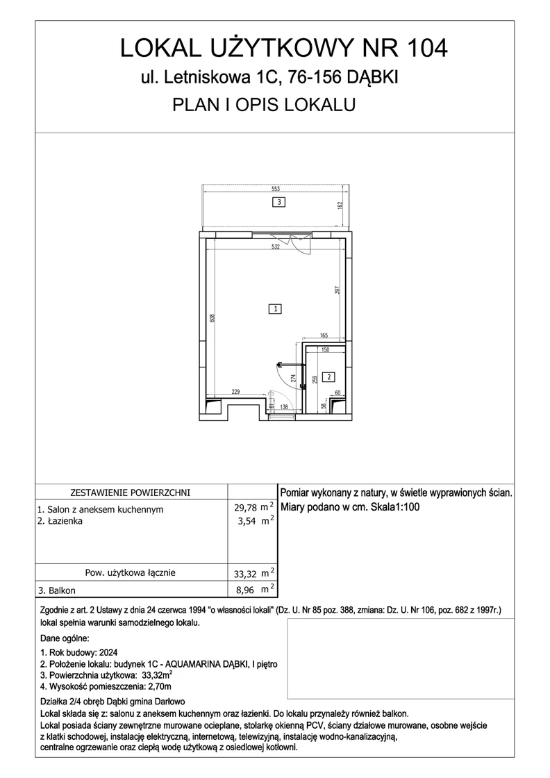 1 pokój, lokal inwestycyjny 33,32 m², piętro 1, oferta nr 104, Aquamarina Dąbki, Dąbki, ul. Letniskowa 1