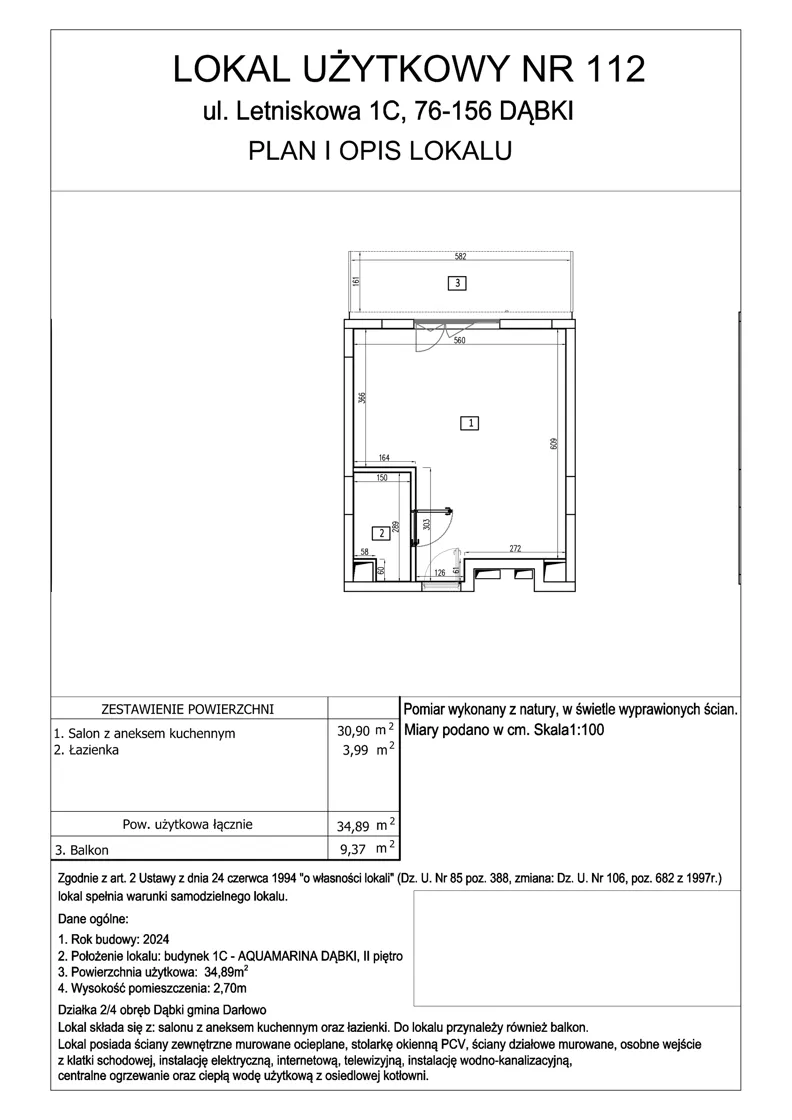 1 pokój, lokal inwestycyjny 34,89 m², piętro 2, oferta nr 112, Aquamarina Dąbki, Dąbki, ul. Letniskowa 1