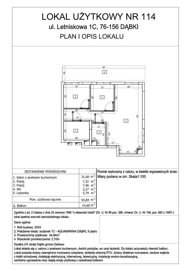 3 pokoje, lokal inwestycyjny 54,84 m², piętro 2, oferta nr 114, Aquamarina Dąbki, Dąbki, ul. Letniskowa 1