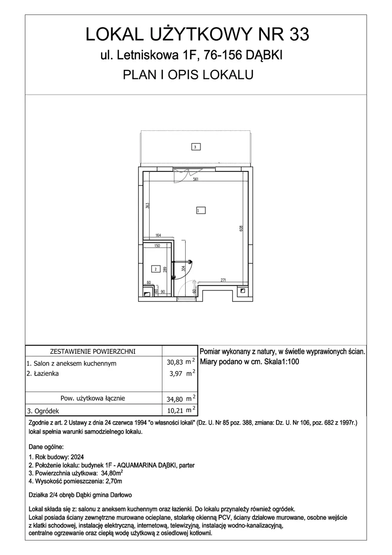 1 pokój, lokal inwestycyjny 34,80 m², parter, oferta nr 33, Aquamarina Dąbki, Dąbki, ul. Letniskowa 1
