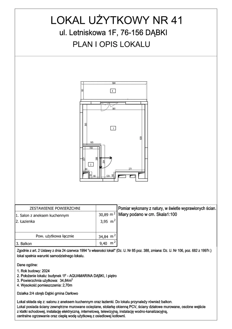 1 pokój, lokal inwestycyjny 34,84 m², piętro 1, oferta nr 41, Aquamarina Dąbki, Dąbki, ul. Letniskowa 1