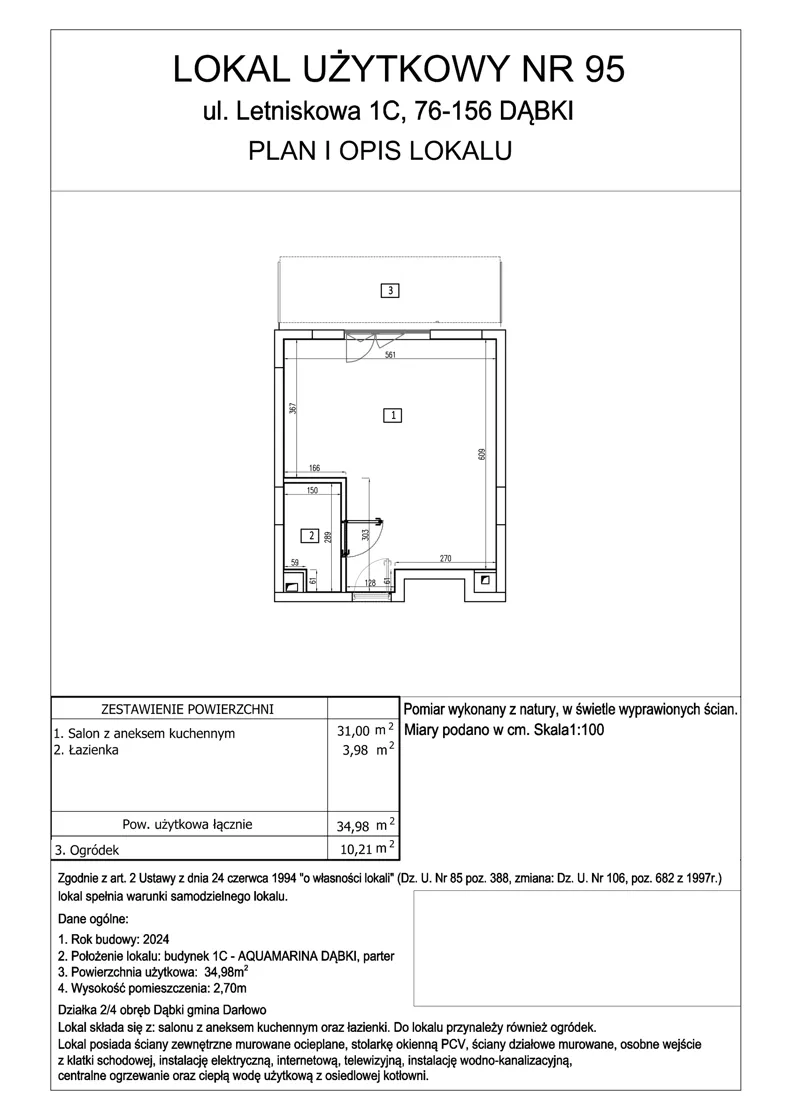 1 pokój, lokal inwestycyjny 34,98 m², parter, oferta nr 95, Aquamarina Dąbki, Dąbki, ul. Letniskowa 1