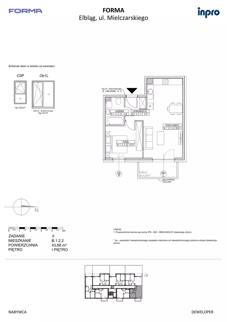 2 pokoje, mieszkanie 43,68 m², piętro 1, oferta nr B.1.2.2, FORMA - II etap, Elbląg, Zatorze, ul. Malborska