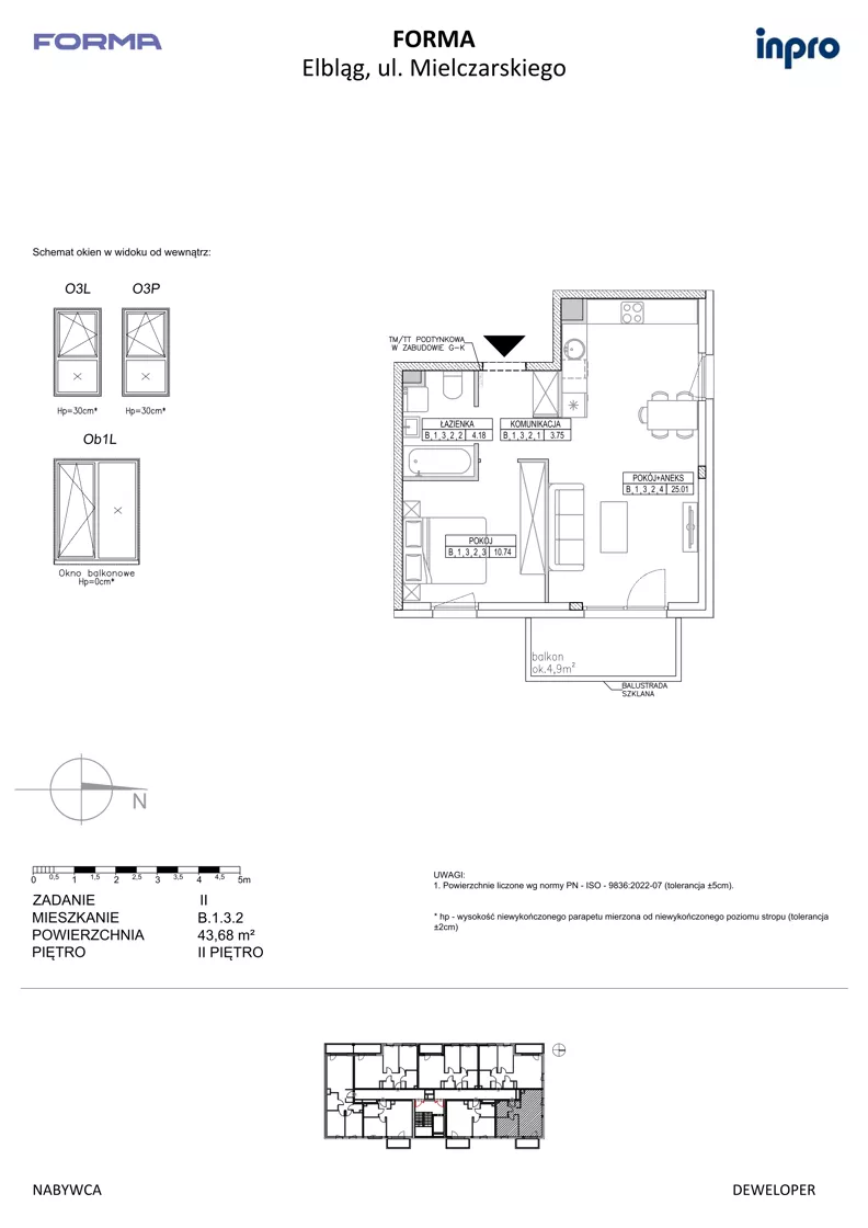 2 pokoje, mieszkanie 43,68 m², piętro 2, oferta nr B.1.3.2, FORMA - II etap, Elbląg, Zatorze, ul. Malborska